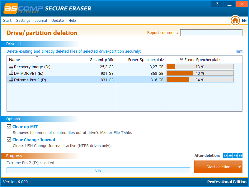 Раздел Drive/partition deletion в Secure Eraser