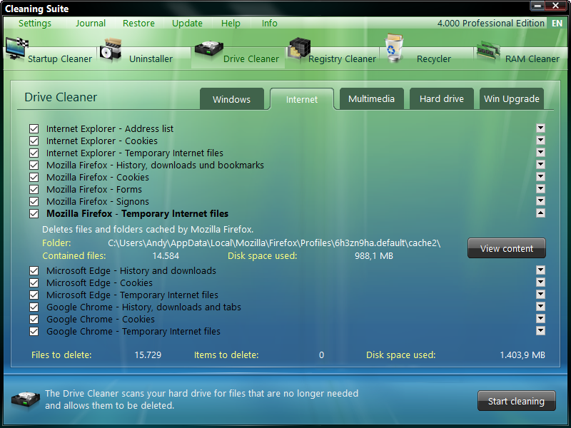 Drive Cleaner, вкладка Internet