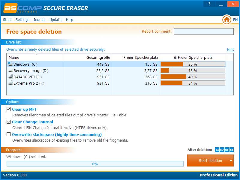 Раздел Free space deletion в Secure Eraser