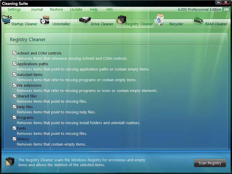 Registry Cleaner в ASCOMP Cleaning Suite