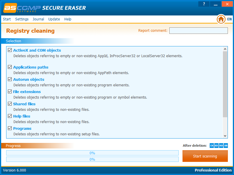 Раздел Registry cleaning в Secure Eraser