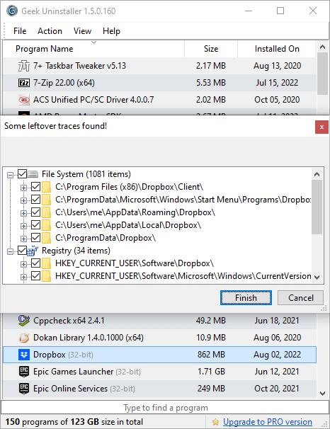 Geek Uninstaller — окно поиска оставшихся следов после удаления