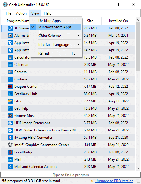 Geek Uninstaller — режим Windows Store Apps