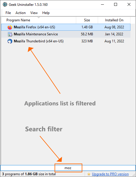 Geek Uninstaller — фильтрация списка программ через поиск