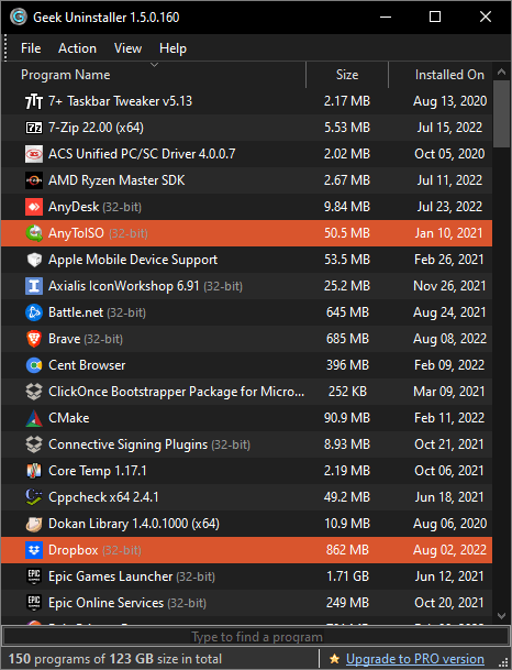 Geek Uninstaller — интерфейс в темной теме