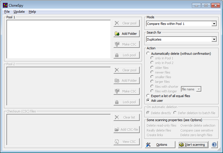 Главное окно CloneSpy с Pool 1, Pool 2, Mode, Search for, Action и кнопкой Start scanning