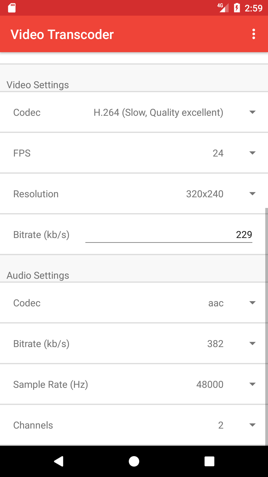 Настройки видео и аудио в Video Transcoder