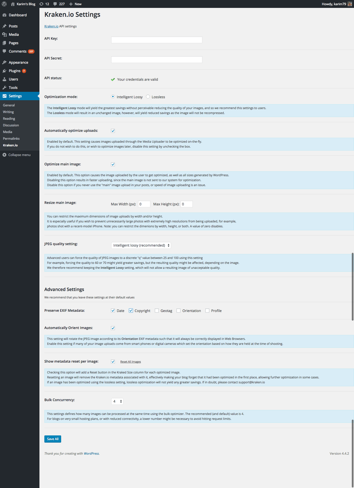 Настройки плагина Kraken.io Image Optimizer в WordPress