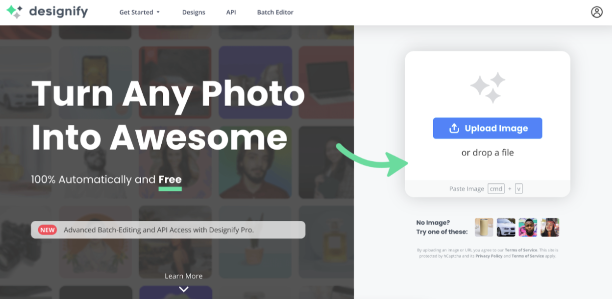 Главный экран Designify с загрузкой изображения