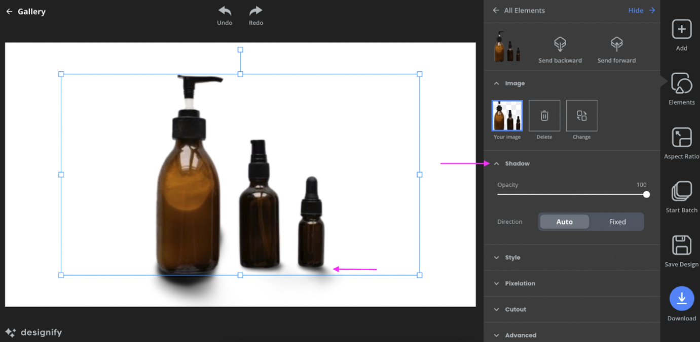 Smart Editor в Designify с выбранным товаром и настройками изображения