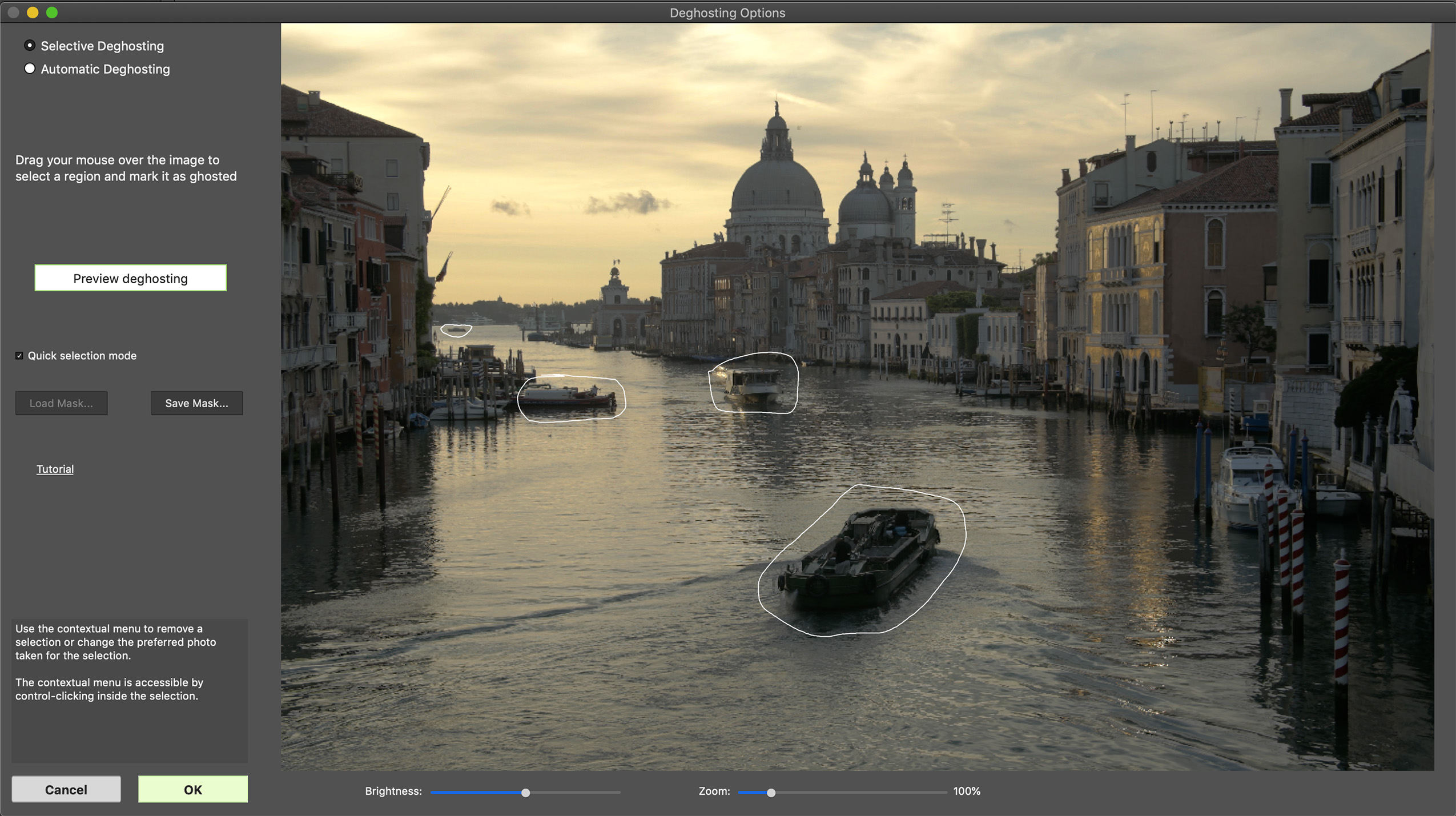 Окно Deghosting Options с Selective Deghosting Tool