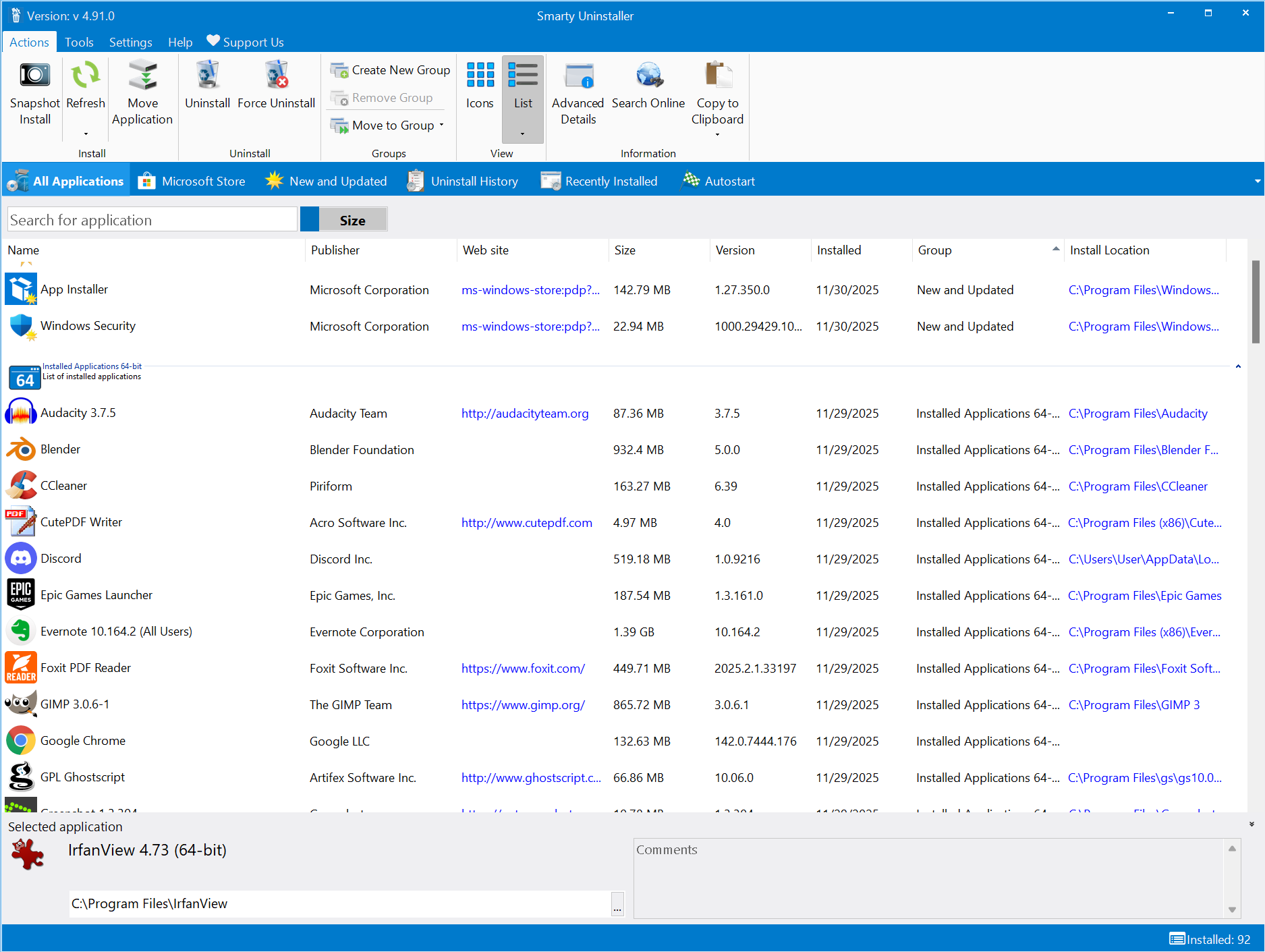 Главное окно Smarty Uninstaller со списком установленных программ