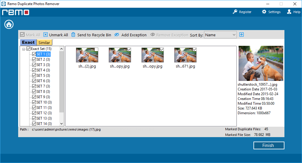 Результаты поиска дубликатов в Remo Duplicate Photos Remover для Windows