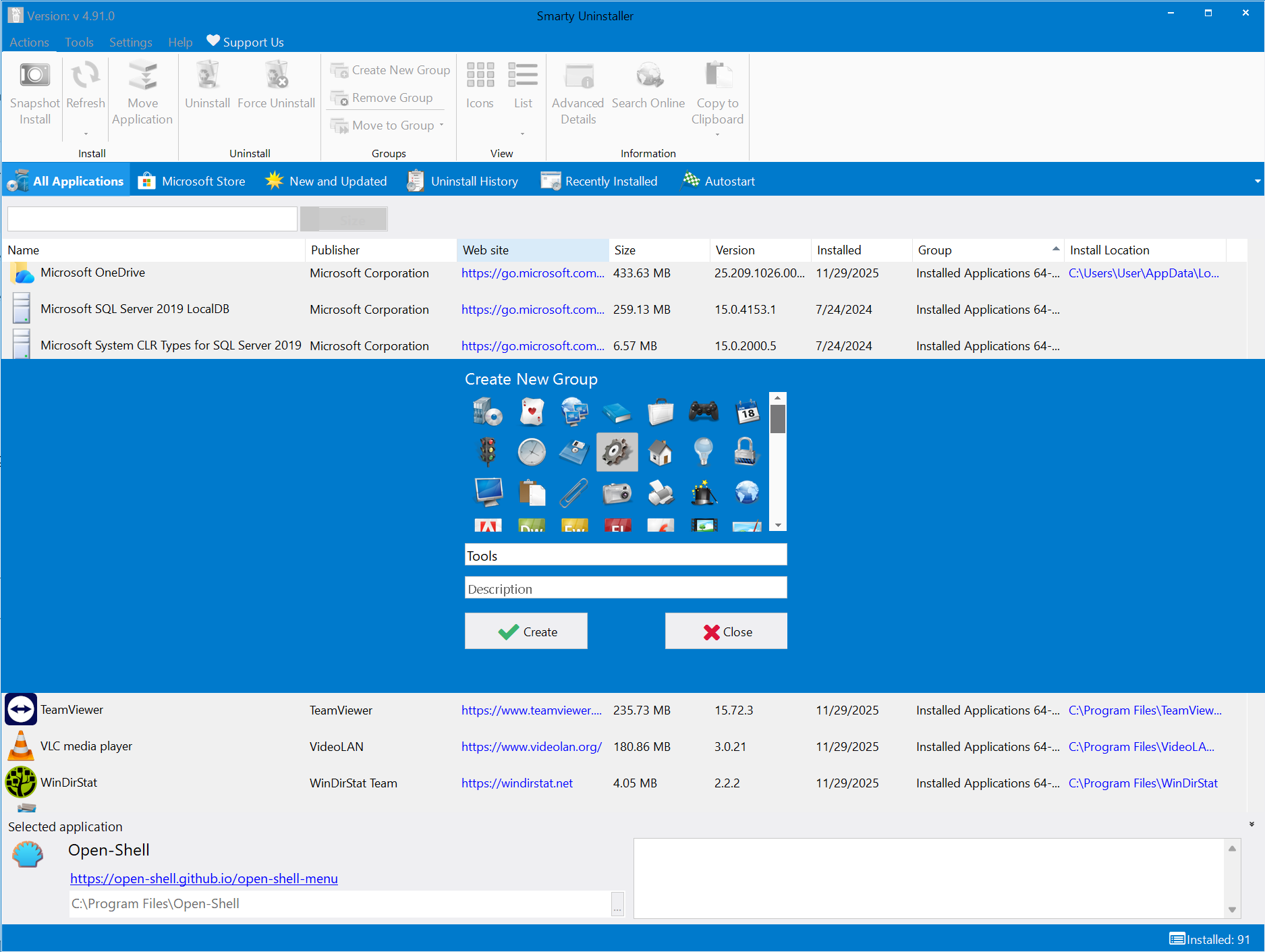 Создание новой группы программ в Smarty Uninstaller
