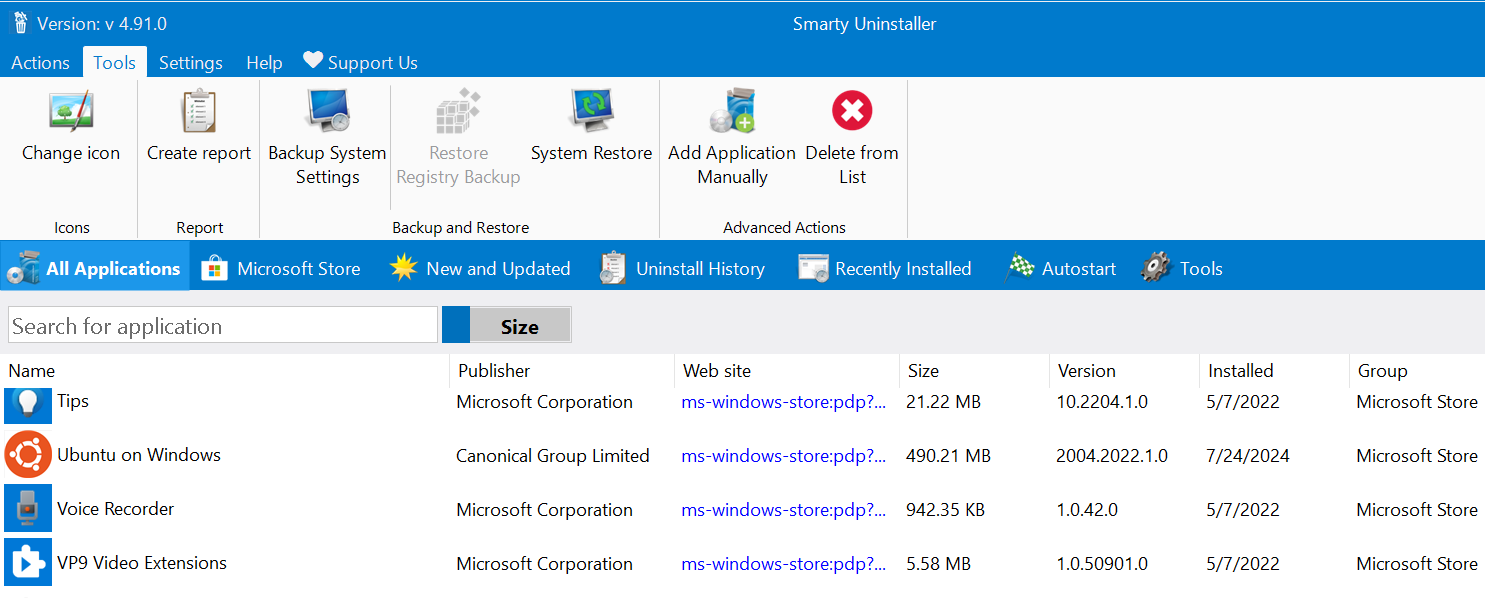 Инструменты Smarty Uninstaller на вкладке Tools