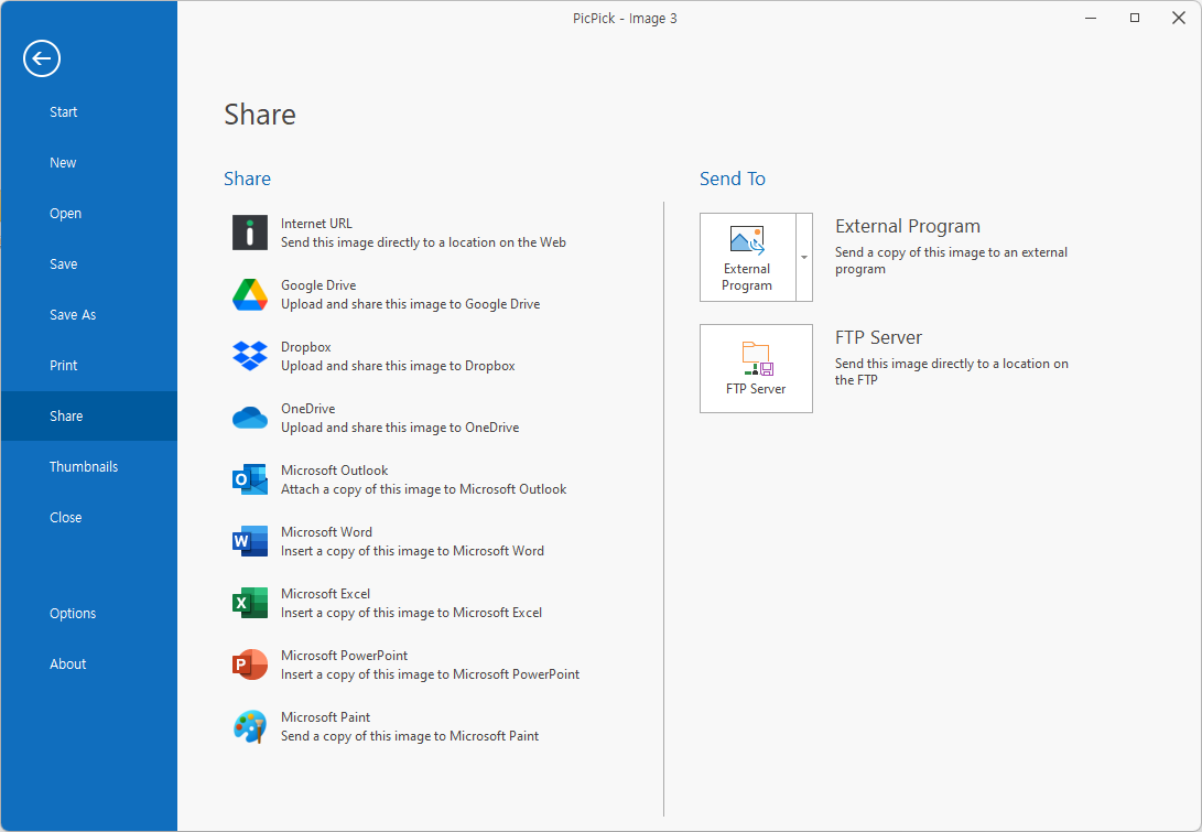 Раздел Share в PicPick с отправкой в Google Drive, OneDrive, Outlook, Word, Excel и PowerPoint
