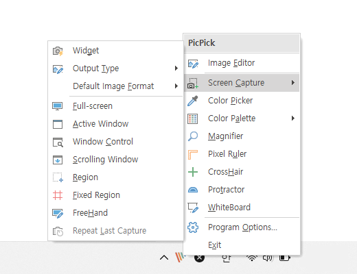 Меню PicPick из трея с быстрым доступом к захвату экрана и инструментам