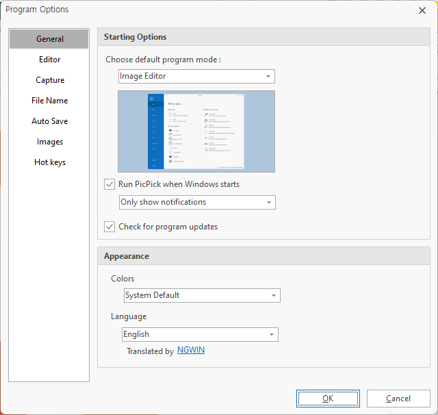 Окно Program Options в PicPick с разделами General, Capture, File Name, Auto Save и Hot keys