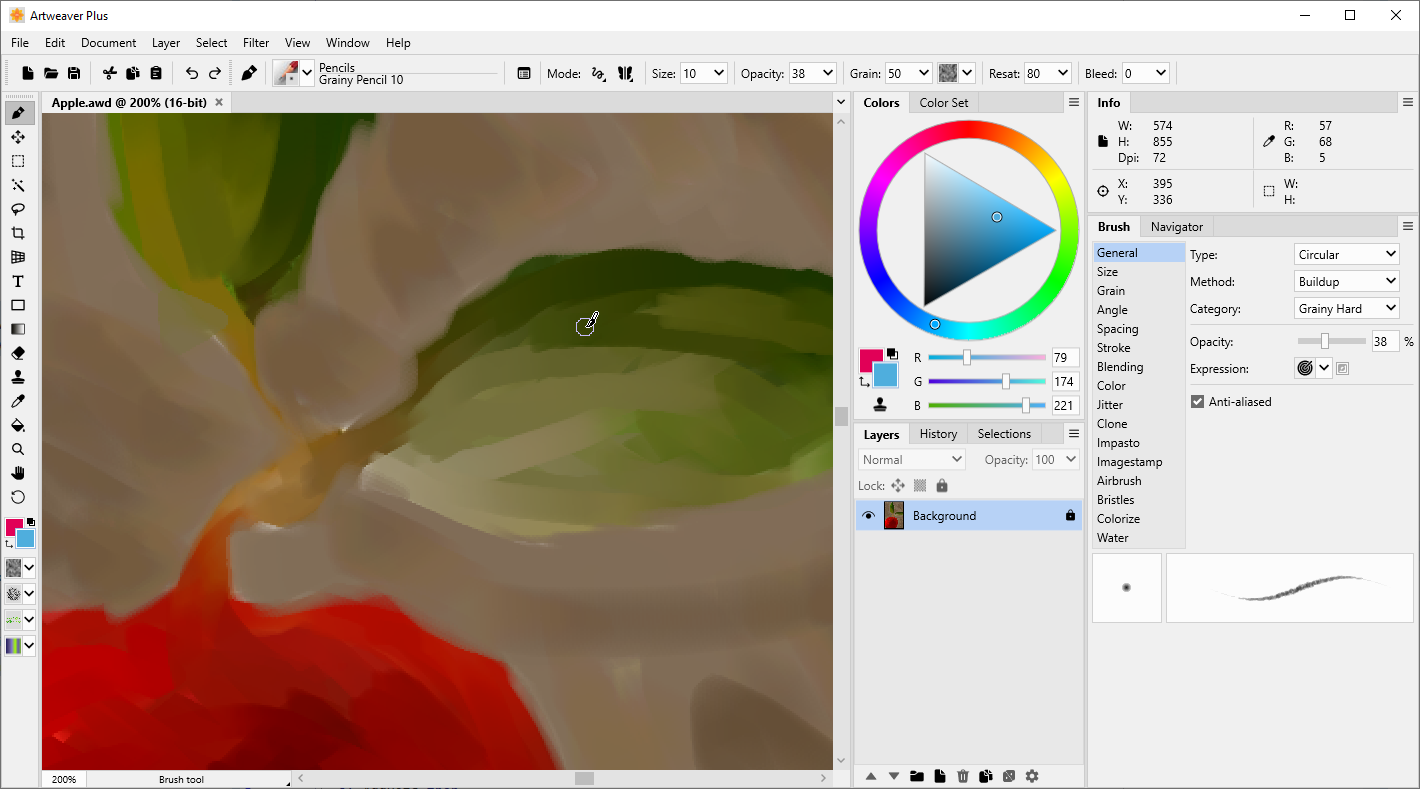 Интерфейс Artweaver с открытым документом, палитрами Colors, Layers, Brush и Navigator