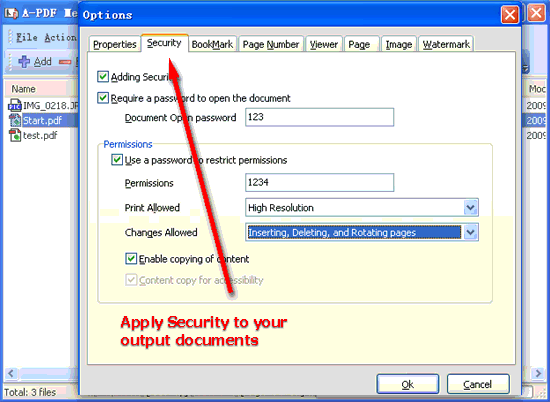 Вкладка Security в Options A-PDF Merger для настройки паролей и ограничений PDF