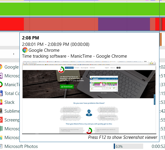 Просмотр скриншота в tooltip ManicTime