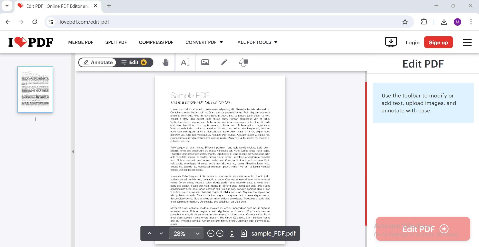 Настоящий скриншот веб-интерфейса iLovePDF в режиме редактирования PDF.