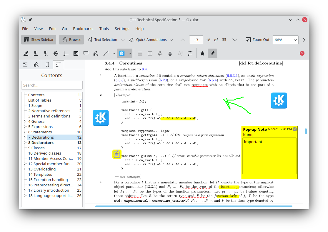 Окно Okular с PDF-документом и панелью аннотаций на официальной странице KDE