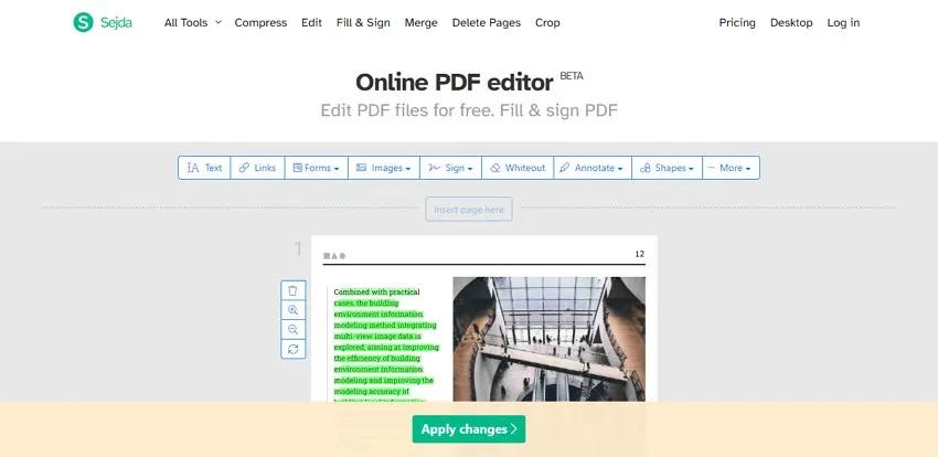 Sejda PDF Editor интерфейс