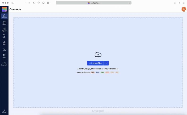 Настоящий скриншот веб-интерфейса Smallpdf: окно загрузки файлов в инструмент сжатия PDF. Изображение опубликовано на официальном сайте Smallpdf.