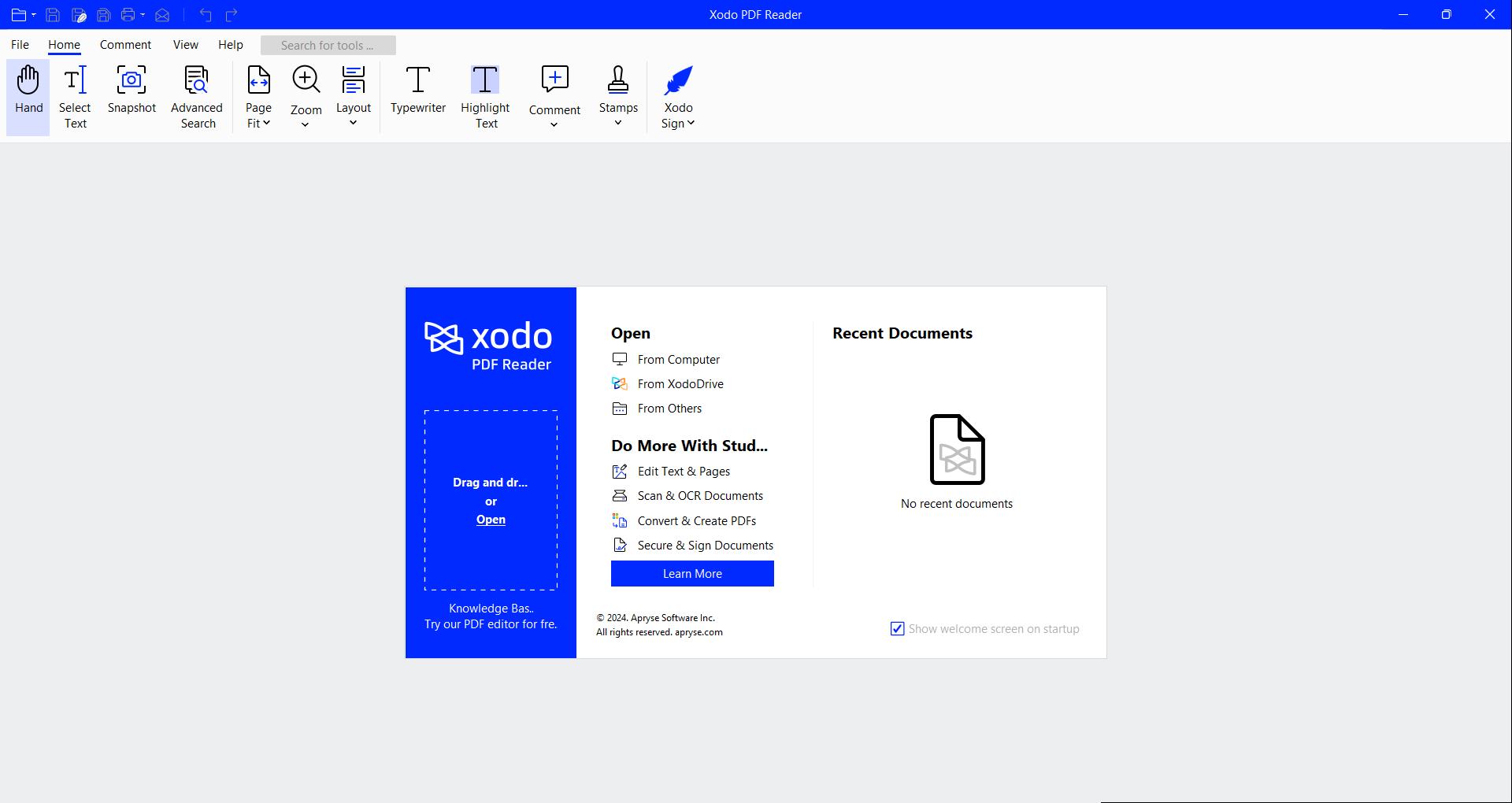 Настоящий скриншот настольного интерфейса Xodo PDF Reader с панелью инструментов и открытием PDF-документов.