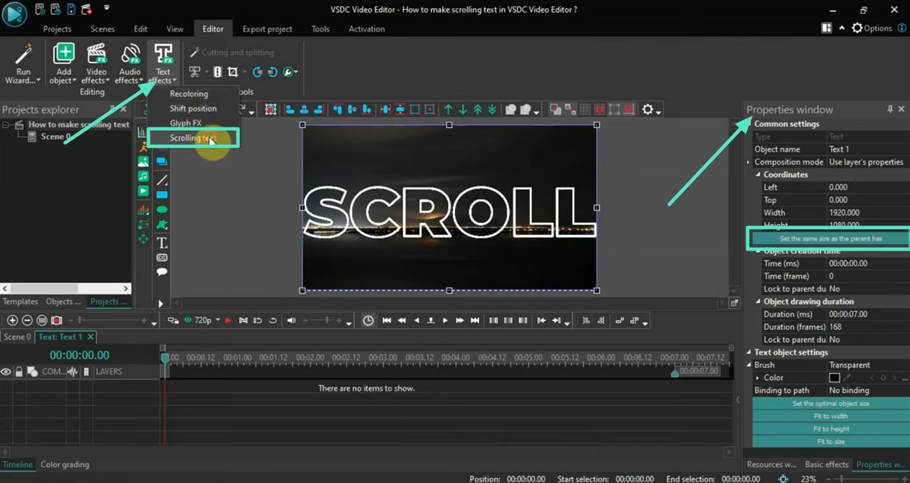 Прокручивающийся текст в VSDC