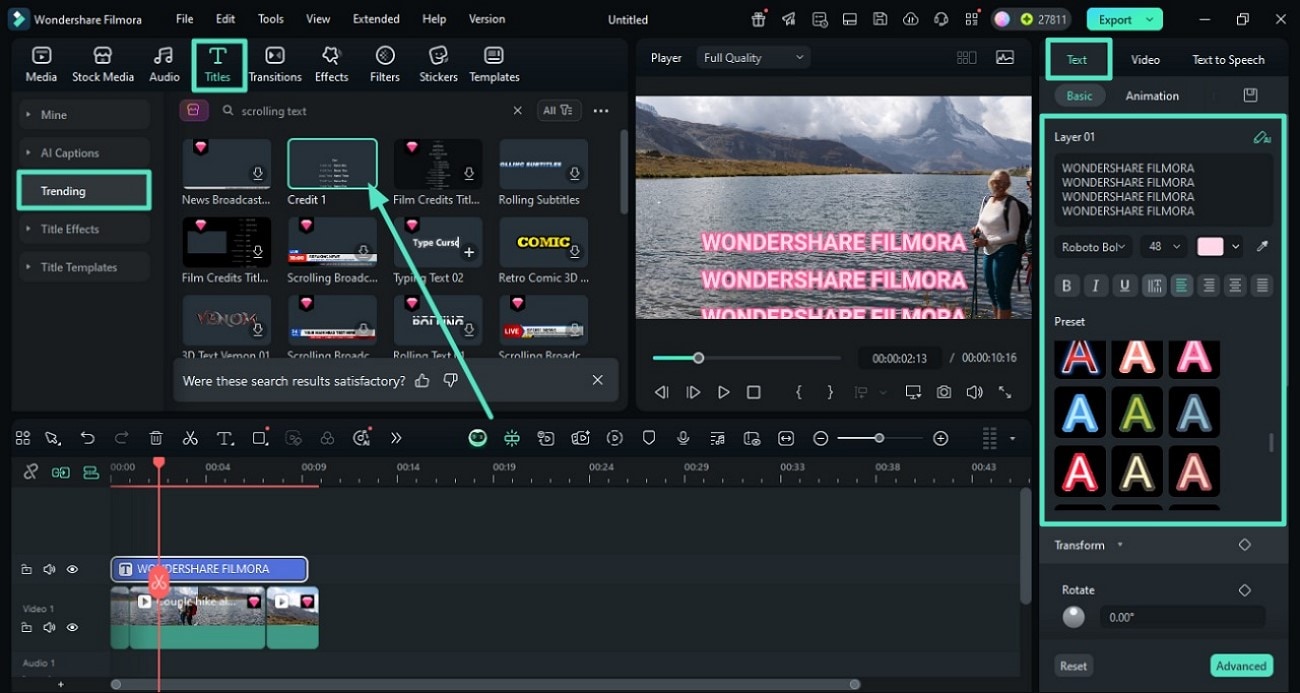 Эффект прокручивающегося текста в Filmora