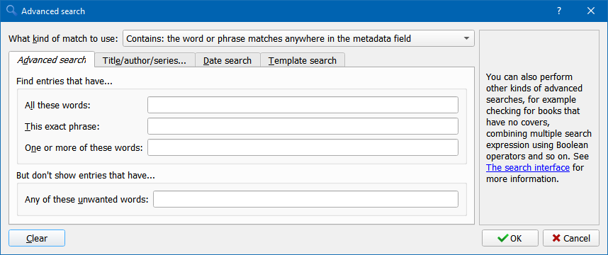 Advanced search в Calibre