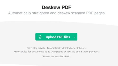 Интерфейс загрузки Sejda Deskew PDF