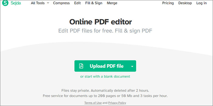 Загрузка файла в Sejda PDF Editor