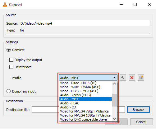 Окно конвертации VLC с профилем MP3