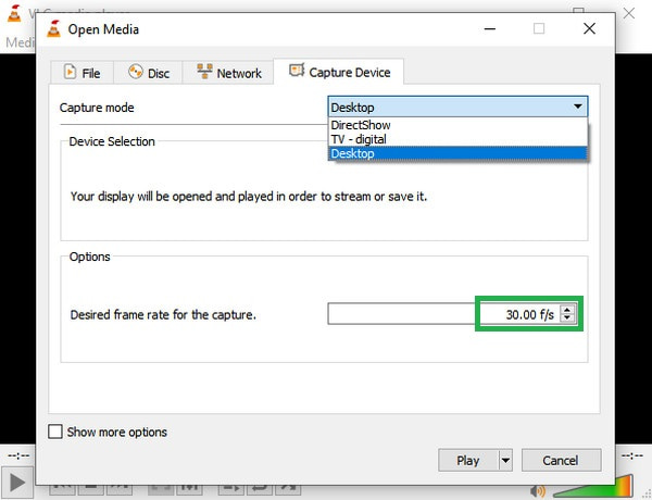 Выбор режима захвата рабочего стола в VLC