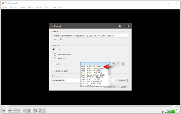 Выбор MP4-профиля в VLC Media Player