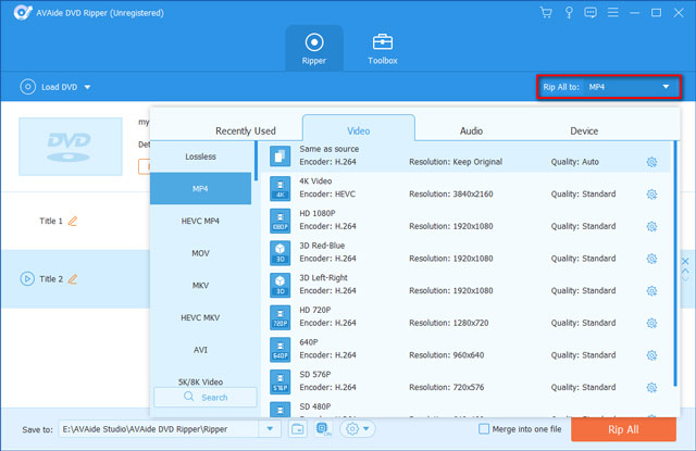 AVAide DVD Ripper: выбор выходного формата