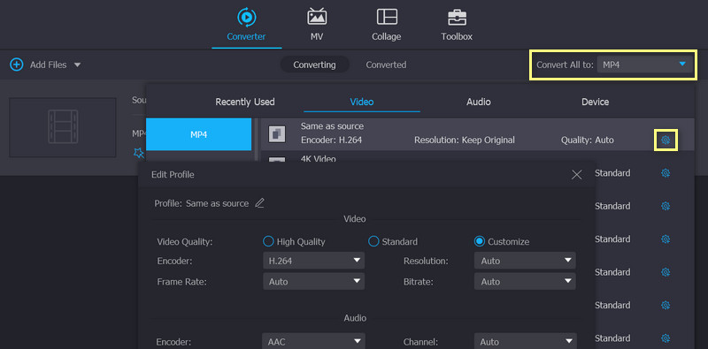 Выбор формата MP4 в Vidmore Video Converter