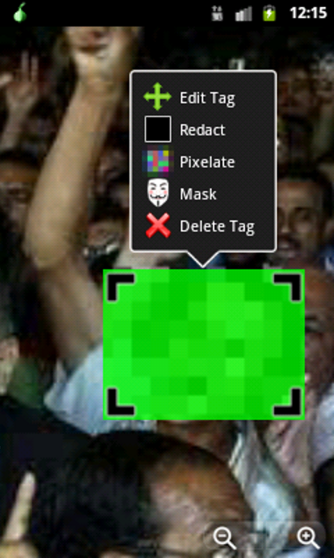 Экран ObscuraCam с крупной ручной областью скрытия и меню Edit Tag, Redact, Pixelate, Mask, Delete Tag