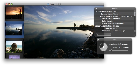 Sequential: окно просмотра, боковая лента миниатюр, EXIF Data и Timer
