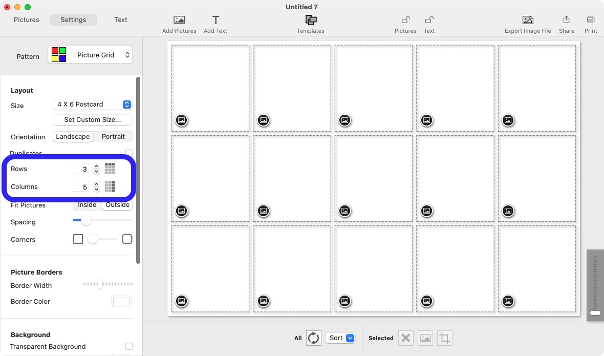 TurboCollage: настройка Rows и Columns в Picture Grid