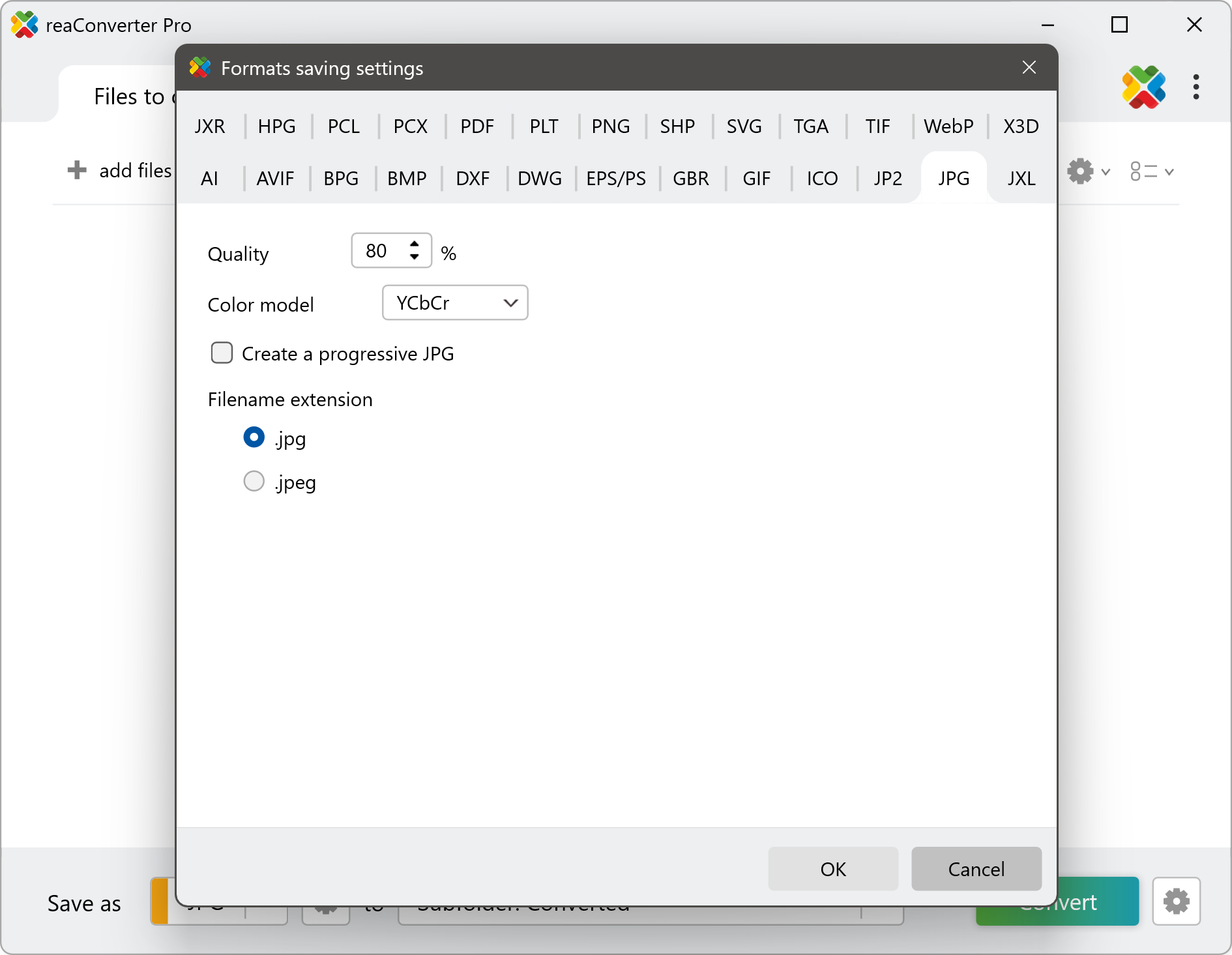 Окно Format saving settings в reaConverter Pro: вкладка JPG, качество, Color model и progressive JPG