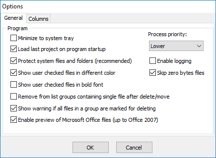 Окно Options в MindGems Fast Duplicate File Finder