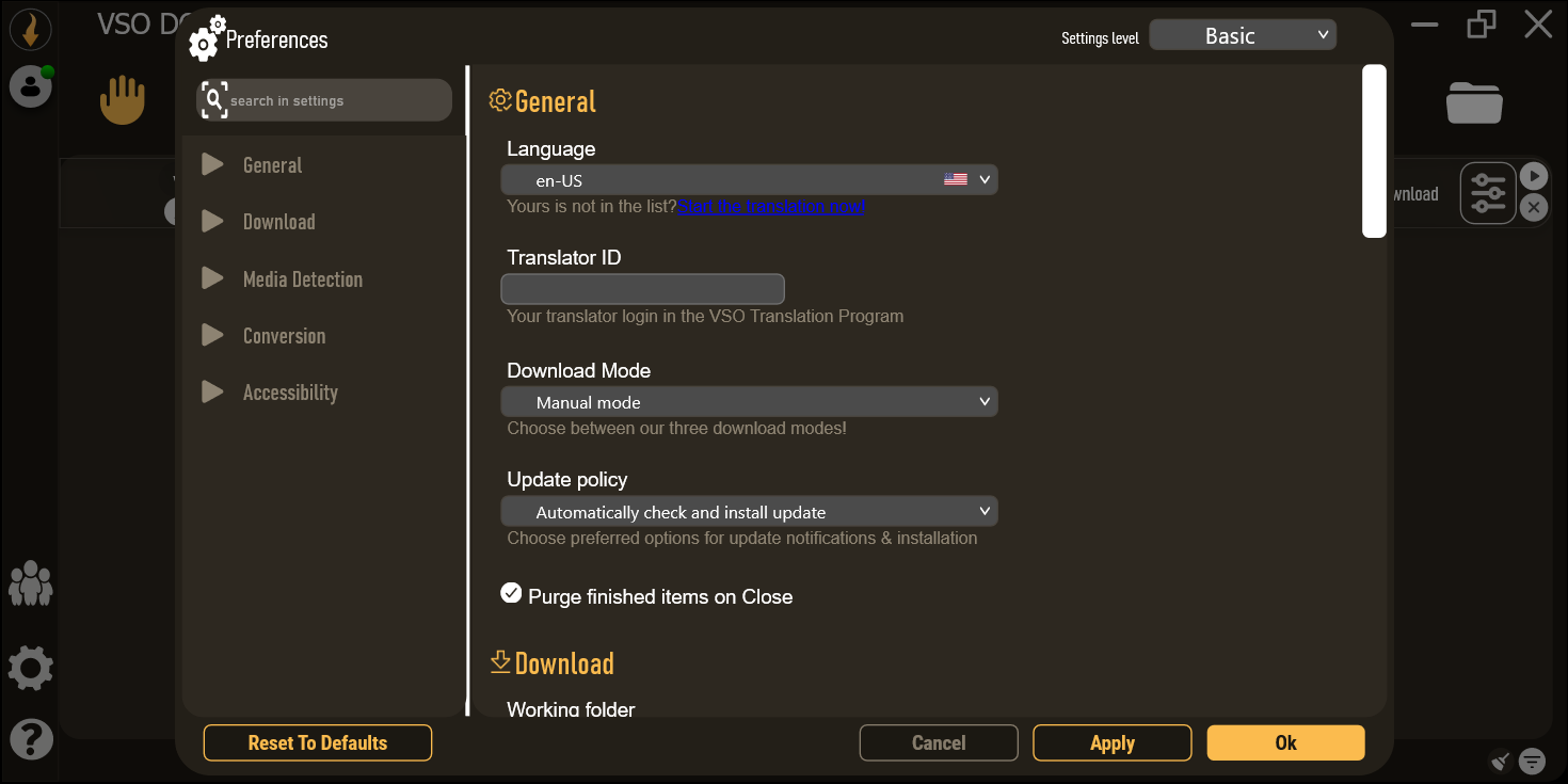 Окно Preferences в VSO Downloader