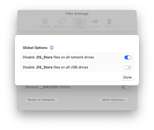 Окно Files Settings в Hidden File Cleaner с дополнительными опциями для .DS_Store