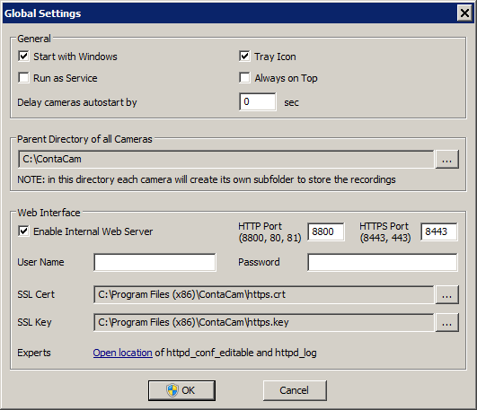 Окно Global Settings: автозапуск, Run as Service, каталог камер и порты веб-сервера