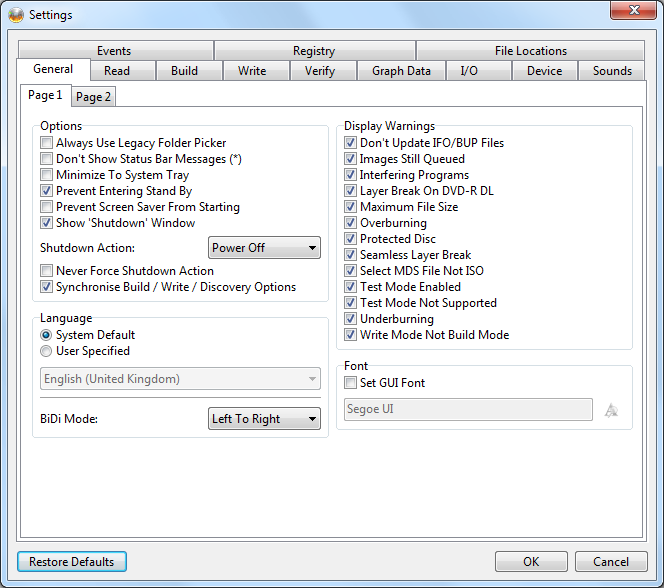 Окно Settings в ImgBurn