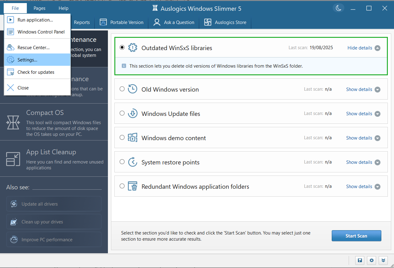 Меню File с пунктом Settings в Auslogics Windows Slimmer